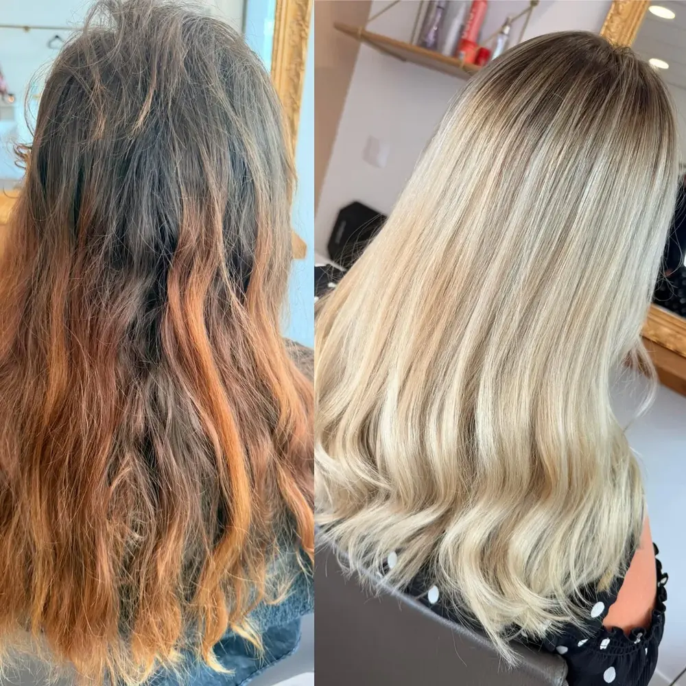 Avant après balayage blond au Salon de Camille — Boulogne-sur-Mer